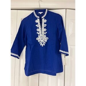 Charter Club Womens Blue Linen Embroidered Tunic Top 3/4 Sleeve Size M NWT